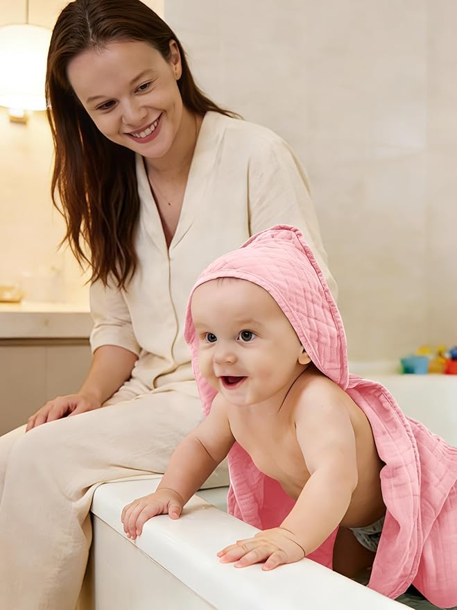 Muslin Hooded Baby Bath Towels - 3 Pack 100% Cotton Ultra-Soft Towels for Newborns, Infants, Toddlers - 32x32 Inch - Highly Absorbent, Quick-Dry Essentials for Bath Time, Beach, Pool, Pink Series