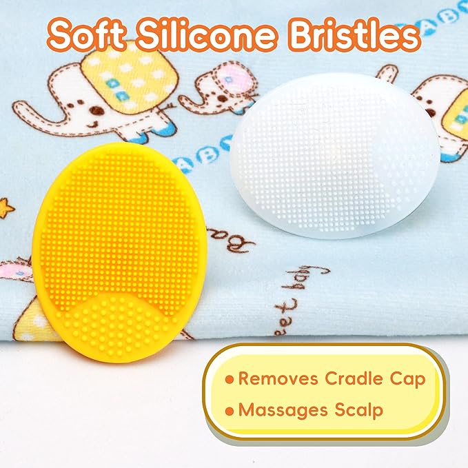Cradle Cap Brush for Babies, Set of 5 Baby Bath Essentials with Bath Sponge Silicone Scrubber Long Handle Comb for Newborns Toddlers Boys Girls (Orange)