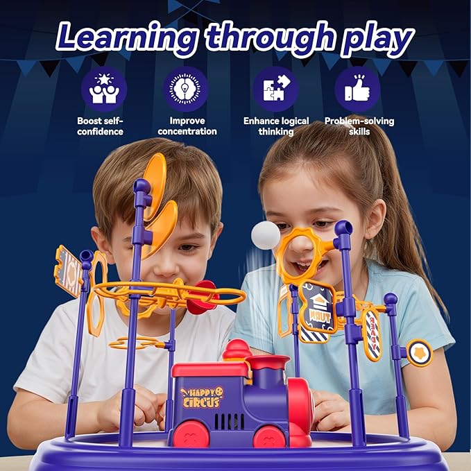 Electric Train Set Game Table for Kids & Adults, Floating Ball Toy with Adjustable Airflow, Interactive STEM Toys with Music & Lights, Hand-Eye Coordination & Focus Training Board Game Ages 6–13+