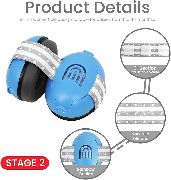 2-in-1 Adjustable Baby & Toddler Noise Cancelling Headphones - Ear Muffs for Kids 1-3 for Airplane Travel