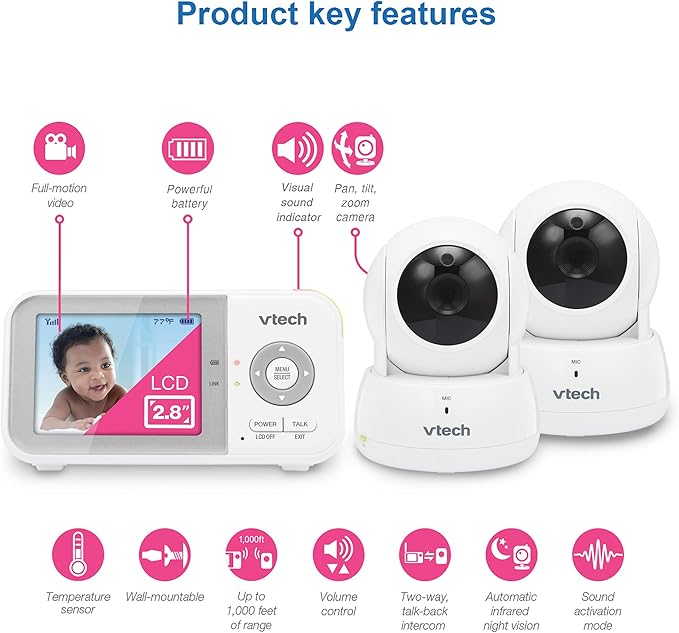 VTech VM923-2 Baby Monitor, 2.8”Screen, 1000ft Range, Pan-Tilt-Zoom, Night Vision, 2-Way Audio, Temperature Sensor, Lullabies, Secured Transmission No WiFi