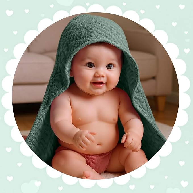 Peryiter 4 Pcs Muslin Hooded Baby Towels 32x32inch Cotton Newborn Bath Essentials Muslin Infant Blankets Absorbent Registry Baby Shower Present for Babies Girl Boy Kids (Green Series)