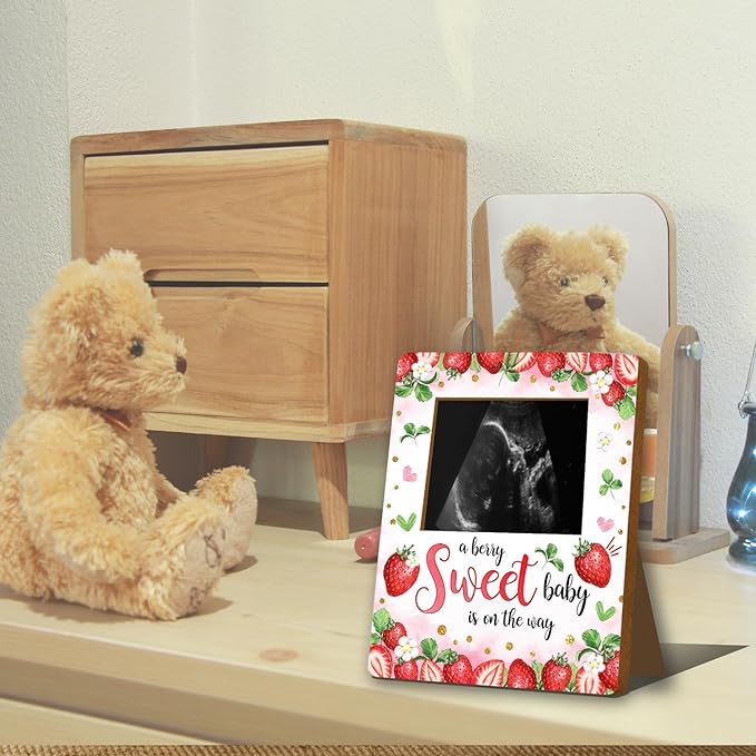 ALodr Strawberry Baby Shower Decorations, Baby Shower Sign Picture Frame, Berry Sweet Party Decor for Gender Reveal, Pregnancy Milestone Keepsake, Pregnancy Announcement Sonogram Photo Frames