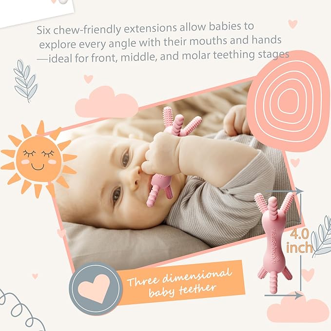3D Baby Teether, BPA-Free Multi-Texture Silicone Teething Stick Toy,360-Degree Textured Design, Easy-Grip Design for Infants and Toddlers (Pink, 3D)