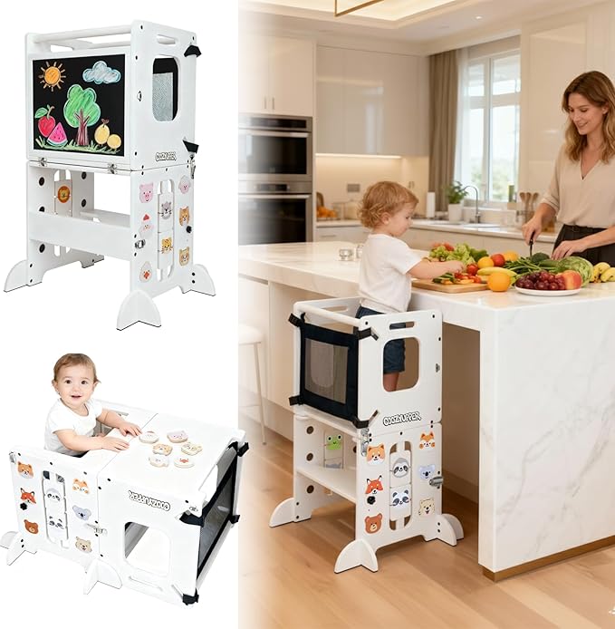 4-in-1 Toddler Kitchen Stool Helper, CPC Certified Foldable Toddler Tower, Learning Wooden Tower with Support Feet and Chalkboard, Anti-Drop Structure, Safe Design for Kids, White