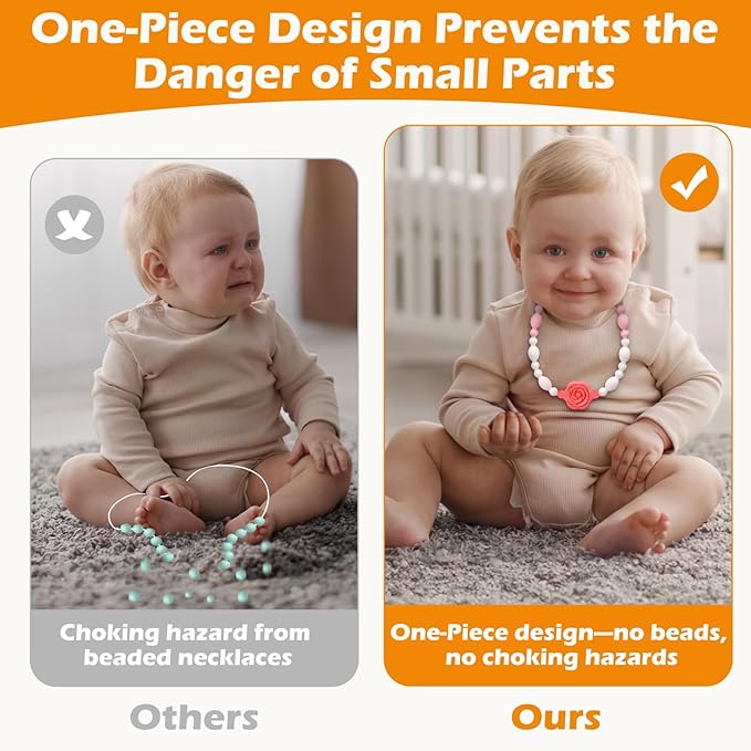 Teething Necklace for Baby, One-Piece Safety Design for Toddler, Chew Necklaces for Sensory Kids Adults with Autism, ADHD, Fidget, Biting, Anxiety - Flower Chew Jewelry Toys for Teething Relief