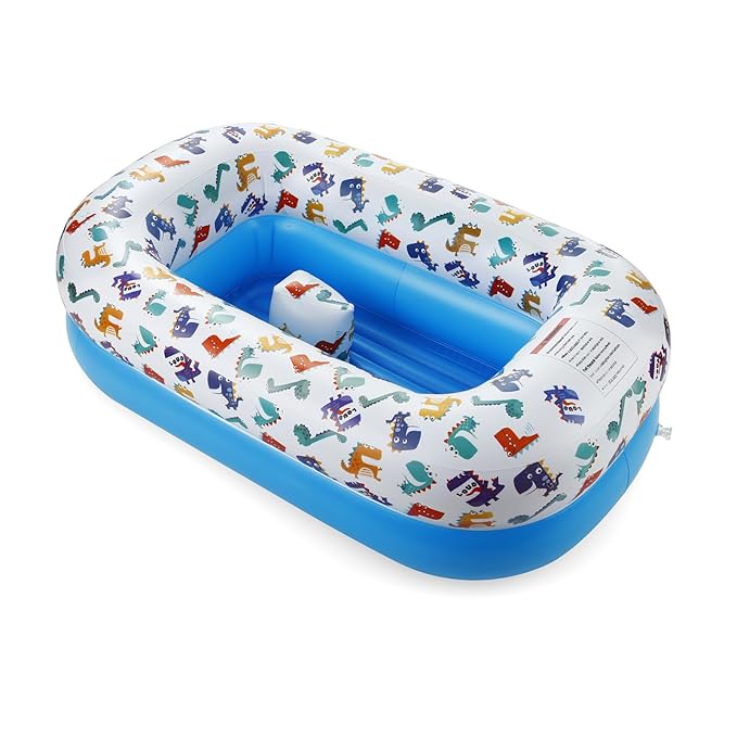 PandaEar Inflatable Dinosaur Baby Bathtub, Foldable Baby Infant Bath Tub Toddler Bathtub with Air Pump, Portable Travel Non-Slip Shower Basin Mini Air Swimming Pool for Newborn (Blue)