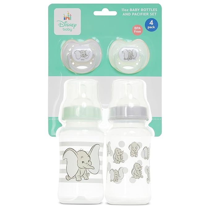 Disney Baby Bottles and Pacifiers Set – 2 Hourglass-Shaped 11oz Bottles + 2 Orthodontic Pacifiers – Officially Licensed Mickey, Minnie, Pooh & Dumbo Designs – BPA-Free Feeding Gift Set (Pack of 2)