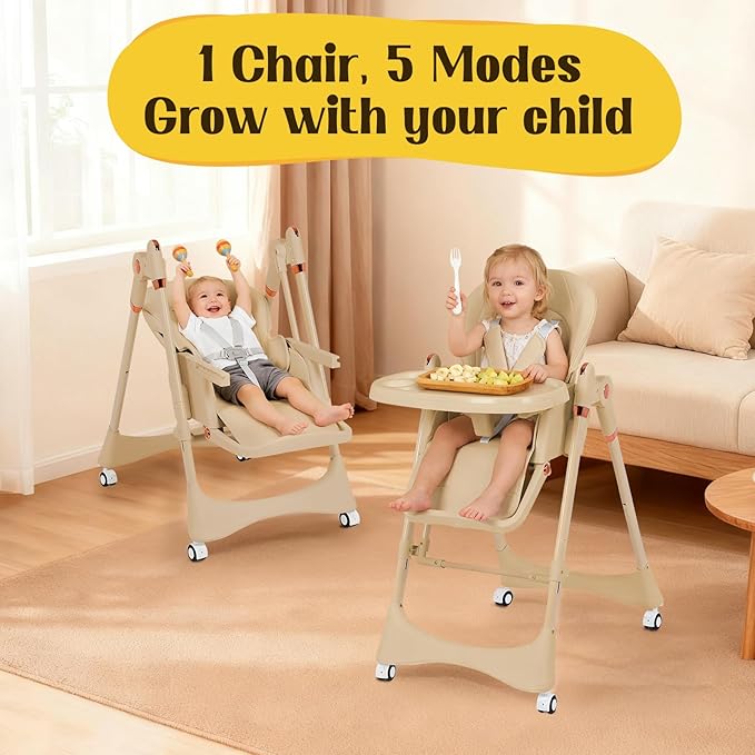 6-in-1 Convertible High Chair with Rocker | Baby High Chair for Newborn to Toddler (0-3 Years) | Adjustable, Foldable & Easy-Clean with Dishwasher Safe Tray & Tool-Free Assembly, Brown