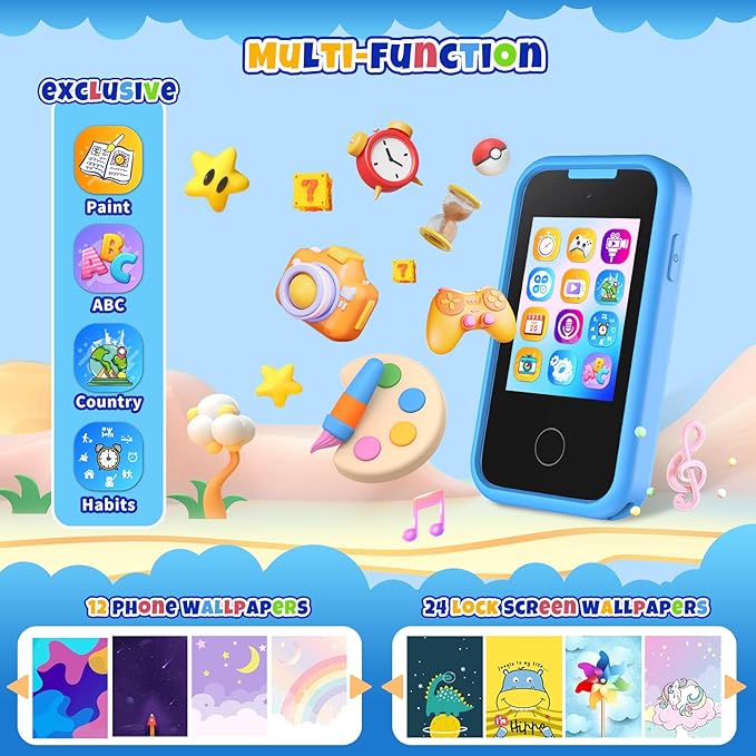 Nikuku Kids Smart Phone for Boys, Children Christmas Birthday Dinosaur Toys for 3-8 Years Old, Toddler Pretend Cellphone Girls Gifts with Music Player, Dual Camera, 8GB TF-Card(Blue)