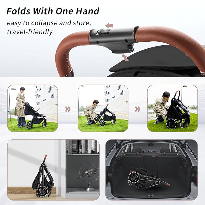 Tinyiota Stroller for Babies,Toddler Strollers with Large UPF 50+ Canopy,Luxury Baby Stroller with Leather Handle & Spacious Seat, One-Hand Foldable Pushchair,Baby Carriage with Lie-Flat Mode(Black)