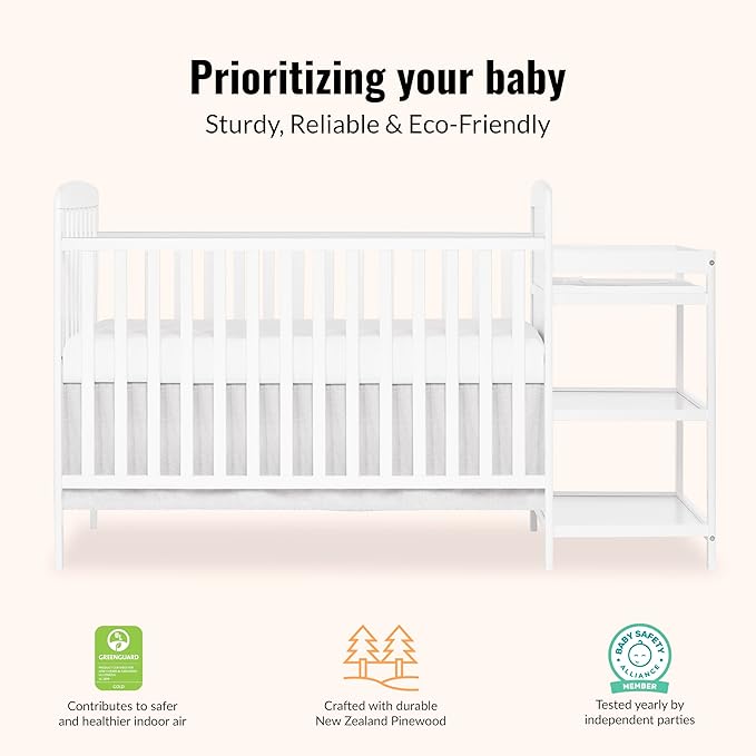 Dream On Me Anna 3-in-1 Convertible Full-Size Baby Crib & Changer with Storage in White, GreenGuard Gold & JPMA, Pinewood, Converts to Day & Toddler Bed, 3 Mattress Heights, 1″ Changing Pad