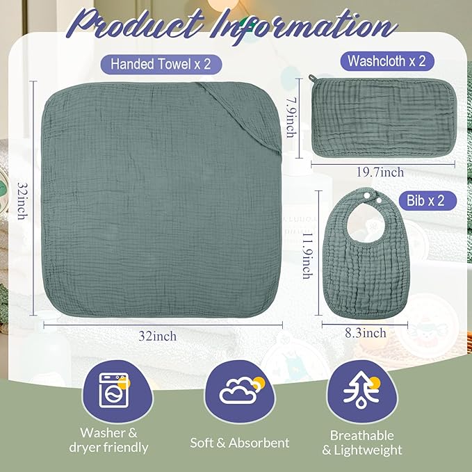 6 Pcs Muslin Hooded Bath Towels Washcloths and Bibs Set, Muslin Cotton Baby Towels Absorbent Hooded Blanket Towel Infant Bibs for Boys Girls Newborn Infant Essential(Gray, Green)