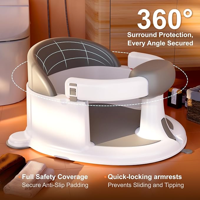 Baby Bath Seats for Babies Sitting Up, Non-Slip Baby Bathtub with 3 Suction Cups, Safe & Comfortable Toddler Bath Seat Ideal for Baby Bath/Shower Support, Stable Design, Grey (6-24 Months)