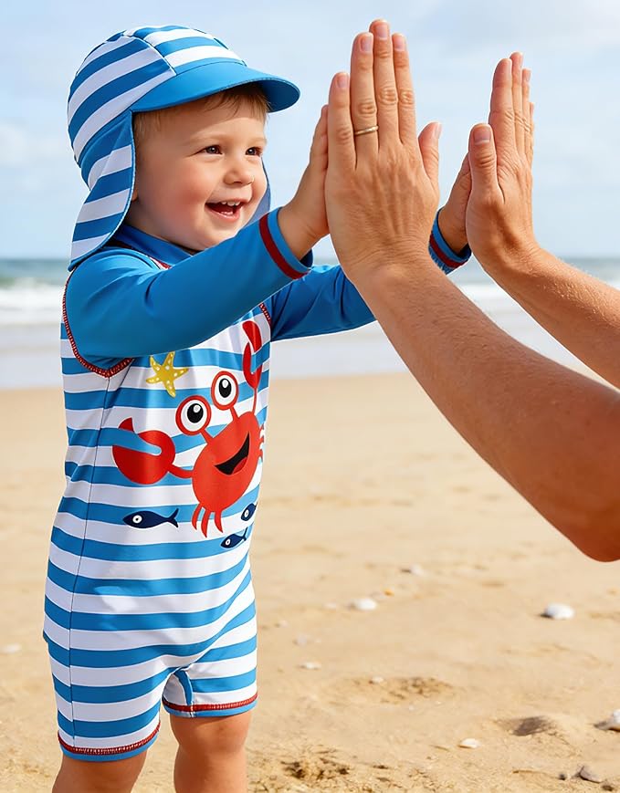 ADUKIDE Baby Boys Swimsuit Summer Beach Rash Guard Swimwear One Piece Sunsuit with Sun Hat 3-24 Months
