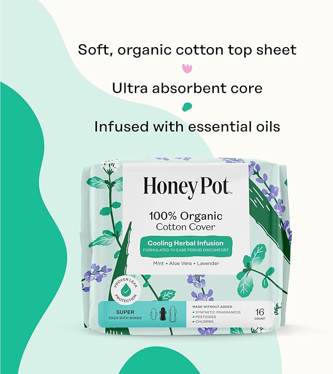 The Honey Pot Company - Herbal Pads for Women - Super w/Wings - Infused w/Essential Oils for Cooling Effect, Organic Cotton Cover, & Ultra-Absorbent Pulp Core - Feminine Care - 16 ct
