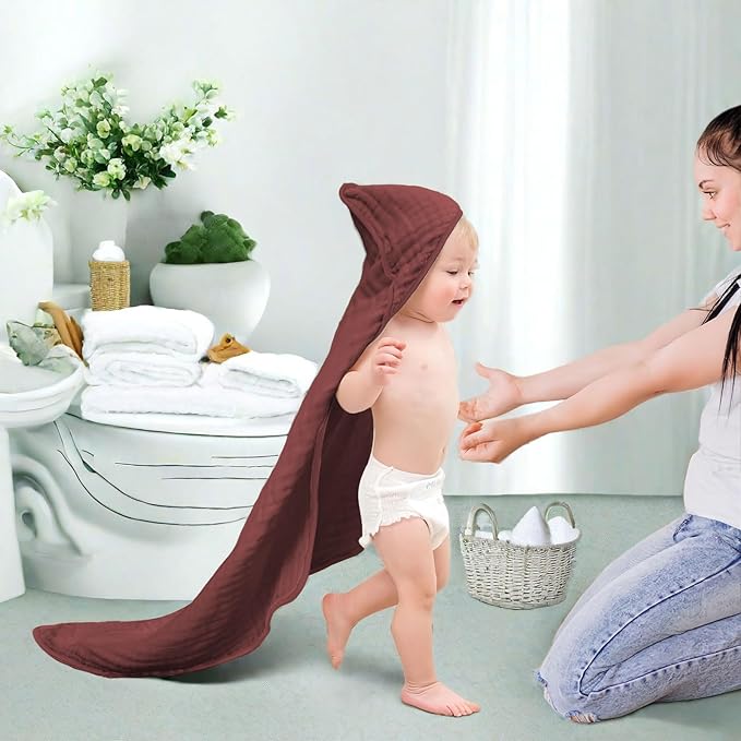 Hooded Baby Towels for Newborn, Absorbent 100% Cotton Muslin Baby Bath Towel for Boys and Girls, Baby Towels with Hood for Babies (WineRed & Pink & White)