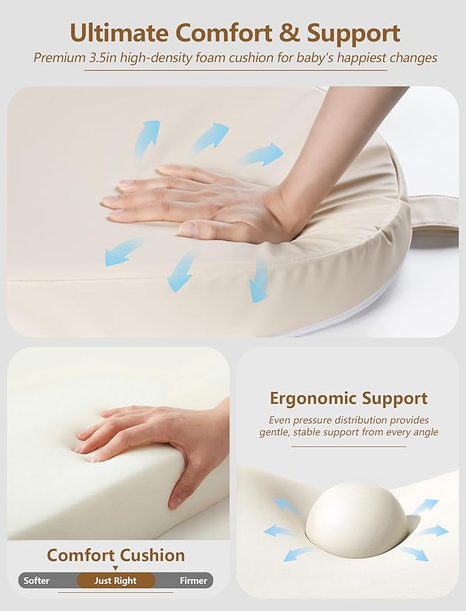 Wipeable Baby Changing Pad: Changing Pad Babies for Dresser Waterproof 31.5” * 15.7” with Removable Safety Strap for Diaper Changing on Table (Creamy White)