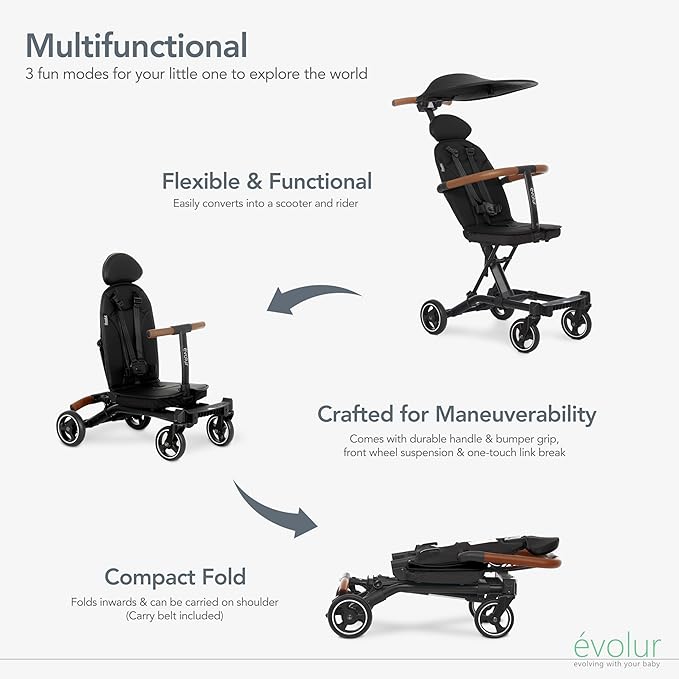 evolur Cruise Rider Stroller with Canopy, Lightweight Umbrella Stroller with Compact Fold, Easy to Carry Travel Stroller - Noir Black