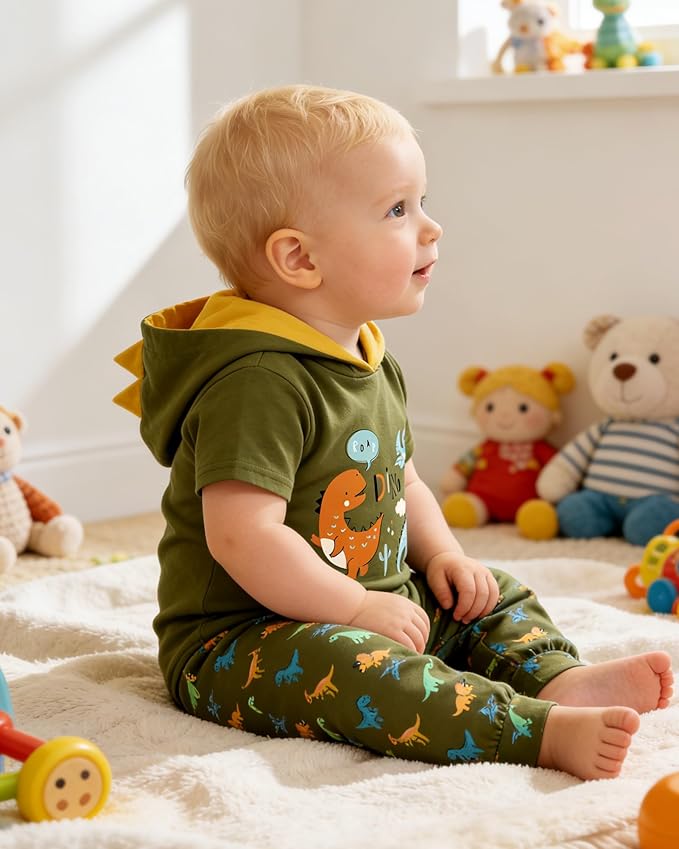 Newborn Boy Summer Outfits Animal Print Short Sleeve Romper with Hoodie & Pants Infant Clothing Set