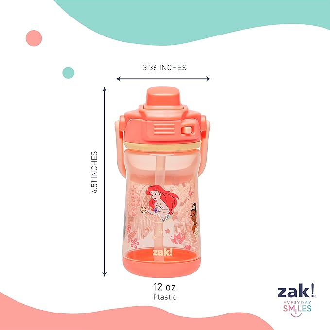 Zak Designs Disney Princess Beacon Kid Water Bottle for Travel, 12oz Plastic is Durable and Leak-Proof with Liquid Lock Spout, Carry Handle, Protective Base (Ariel, Cinderella, Moana, Rapunzel, Tiana)