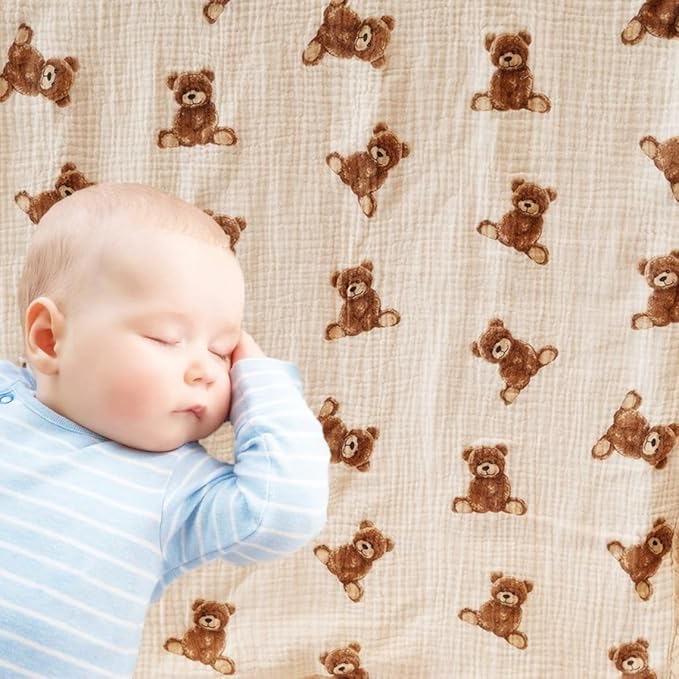 Little Jump Hooded Baby Towels for Newborn - 2 Pack 100% Cotton Muslin Baby Bath Towel, Soft and Absorbent for Boys Girls Infant, Large 32x32 Inches (Teddy Bears & Khaki)