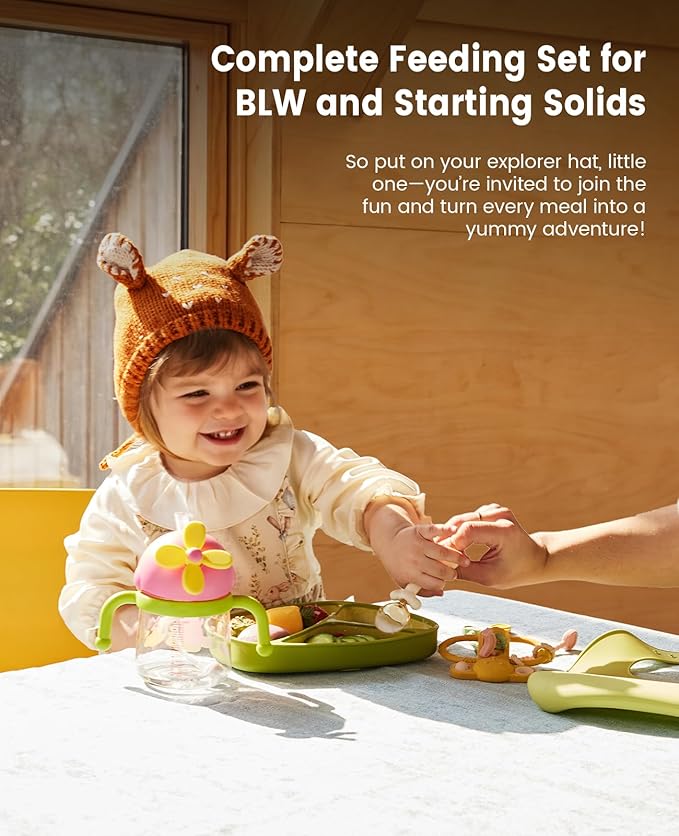 EMOJOY Silicone Baby Feeding Set, Toddler Plates Set 8 PCS – Suction Plate, Spoons, Forks, Bibs and Sippy Cups, Baby Led Weaning Essential, BPA-Free Baby Dishes & Utensils, Dishwasher Safe