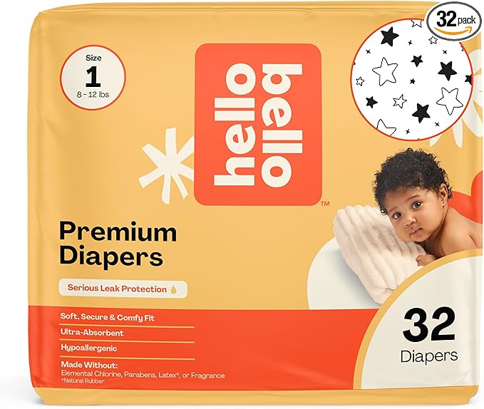 Hello Bello Diapers, Size 1 (8-12 lbs) Superstars, 32 Count of Premium Disposable Baby Diapers, Hypoallergenic with Soft, Cloth-Like Feel