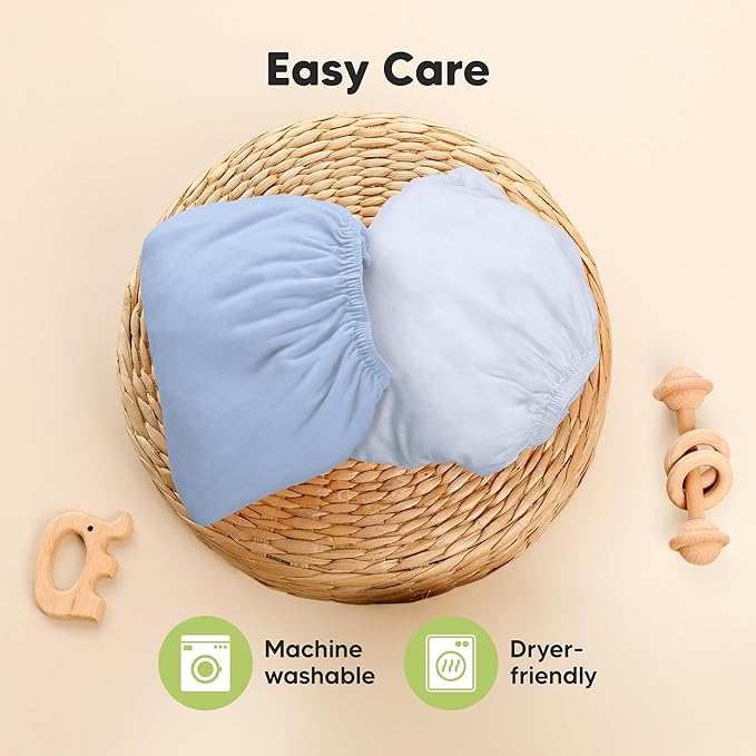 Pack and Play Sheets Fitted - 2-Pack Mini Crib Sheets for Pack N Play Mattress 38x26, Soft & Cozy, Neutral Toddler Playard Bedding, Snug Fitted Mini Baby Crib Mattress Cover Boy, Girl (Blue Flax)