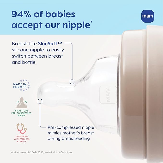 MAM 9oz Easy Start Anti-Colic Wide Neck Baby Bottle, Medium Flow Breastfeeding-Like Nipple, Reduces Colic Gas & Reflux, Easy to Clean, BPA Free, 2+ Months, Made in Europe, Bonus Fast Flow Nipple, 4 Pk