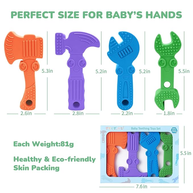 TYRY.HU Baby Teething Toys for Babies, Baby Teether Toys, BPA Free Silicone Baby Molar Teether Chew Toys, Hammer Wrench Spanner Pliers for Boys Girls, Soft-Textured, Easy to Hold & Clean, 4 Packs