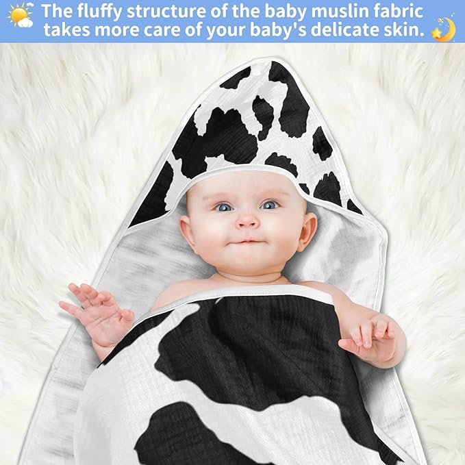 Cow Patter Black White Print Baby Towel Ultra Soft Hooded Towels for Babies - Ultra Absorbent Cotton Bath Towels 30x30 Inch
