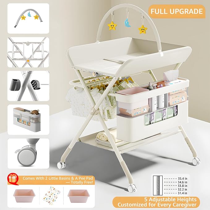 Changing Table, Portable Baby Changing Table with Wheels, Upgraded Foldable Diaper Changing Station with 5-Level Adjustable Height & Large Nursery Organizer Storage for Newborn Infant (Beige)