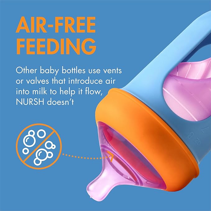 Boon Nursh Bottles - Silicone Baby Bottles Help Ease Colic Symptoms - Formula and Breast Milk Only Touch Food-Grade Silicone - Medium Flow - 8 Oz - Color Block