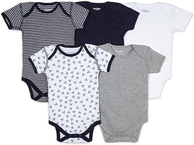 Burt's Bees Baby Bodysuits, Short Sleeve and Long Sleeve One-Pieces, 100% Organic Cotton, Pack of 5