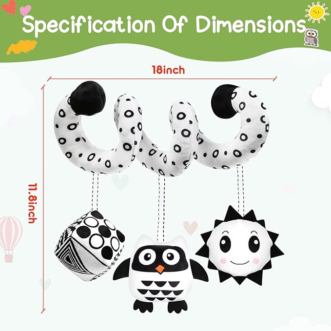 Baby Spiral Hanging Stroller and Car Seat Toys Black and White High Contrast Sensory Toy Newborn Plush Activity Toys Party Favors Quality Gifts for Baby Shower Valentine's-OWL