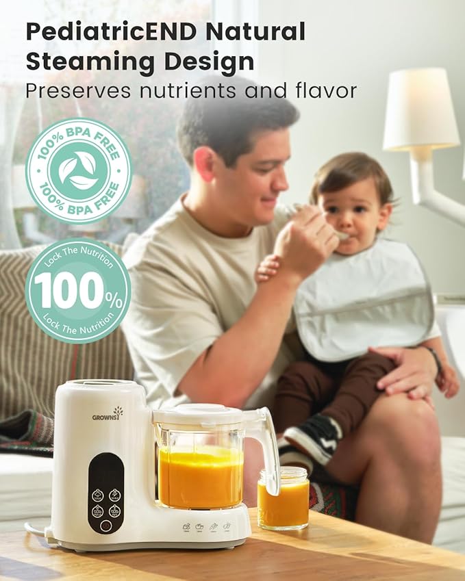 Grownsy Baby Food Maker with Steam Basket, One Step Baby Food Processor Steamer Puree Blender Grinder Mills Machine, Auto Cooking Grinding and Sterili-zing for Healthy Homemade Baby Food, BPA-Free
