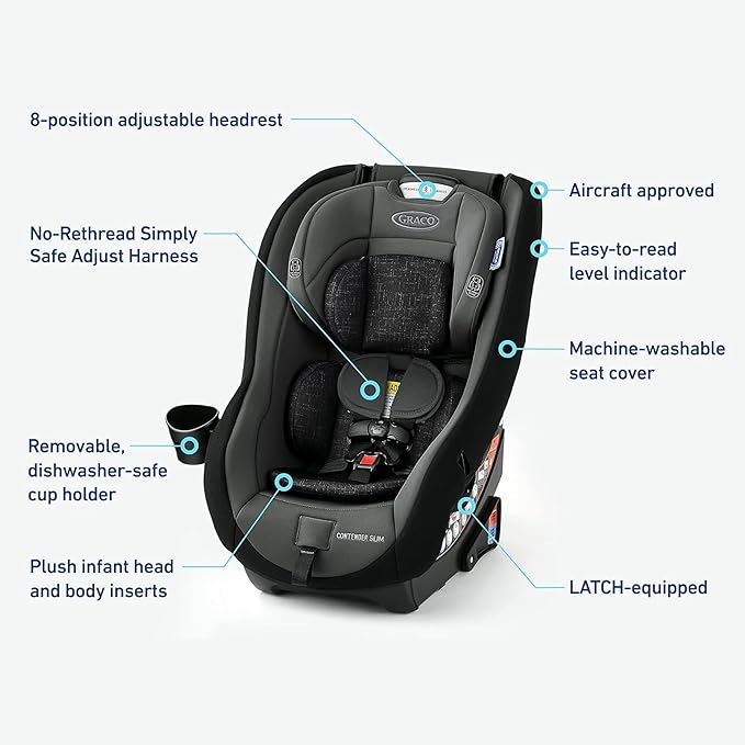 Graco Contender Slim Convertible Car Seat, West Point, Lightweight Travel Car Seat with Compact, Space-Saving Design, Rear-Facing 5–40 lbs, Forward-Facing 22–65 lbs, Easy to Transfer, FAA Approved