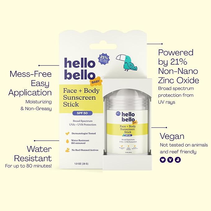 Hello Bello Baby SPF 50 Mineral Face + Body Sunscreen Stick - Water Resistant Broad Spectrum UVA + UVB Sun Protection, 1oz