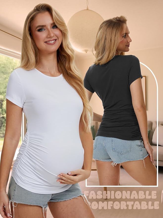 3 Pack Womens Maternity Shirts - Crew Neck Maternity Top Short Sleeve Pregnancy Tee Shirts