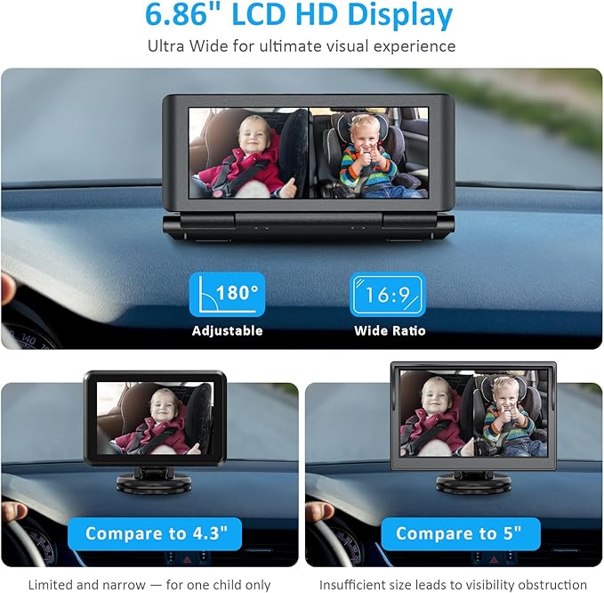 Baby Car Camera for 2 Kids, 6.86" 1080P HD Split Screen Baby Monitor with Dual Backseat Cameras and IR Night Vision, Crystal Clear Wide View Baby Car Mirror for Rear Seat Safety (Not USB)