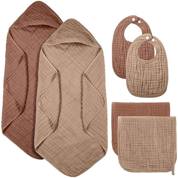 6 Pcs Muslin Hooded Bath Towels Washcloths and Bibs Set, Muslin Cotton Baby Towels Absorbent Hooded Blanket Towel Infant Bibs for Boys Girls Newborn Infant Essential(Dark Brown, Khaki)
