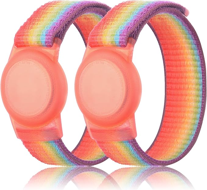 Kids Wristband Compatible with Apple AirTag, Protective Case for Air Tag GPS Tracker Holder with Nylon Bracelet, Adjustable Anti Lost Watch Band for Toddler Child Elder(2PacksRainbowB)