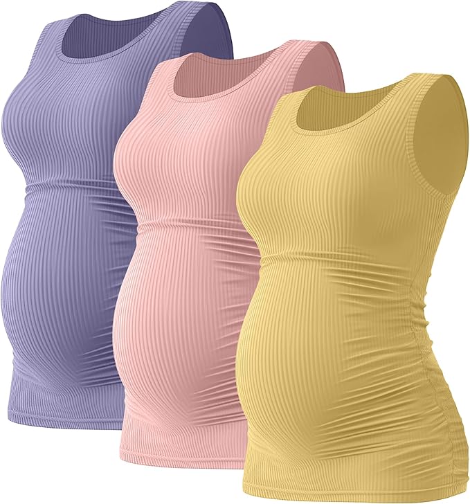 Riyiper 3 Pack Women's Maternity Tank Tops, Sleeveless Cotton Pregnancy Shirts Ribbed Knit Sides Ruched Basic Mama Clothes