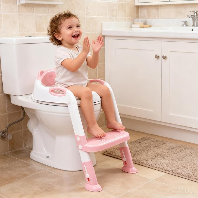 Potty Training Seat with Step Stool Ladder, SKYROKU Potty Training Toilet for Kids Boys Girls Toddlers - Comfortable Safe Potty Seat with Anti-Slip Pads Ladder （8838-Pink）