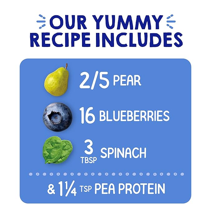 Happy Tot Organics Stage 4 Baby Food Pouches, Gluten Free, Vegan Snack, Fiber & Protein Fruit & Veggie Puree, Pears, Blueberries & Spinach, 4 Ounce (Pack of 16)