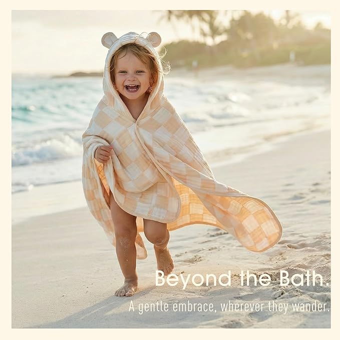 Ultra-Soft Muslin Toddler Hooded Towel - 55 x 28 Inches, Ideal for Bath & Beach, Suitable for Both Boys & Girls from Newborns to Toddlers (Beige Checkered)