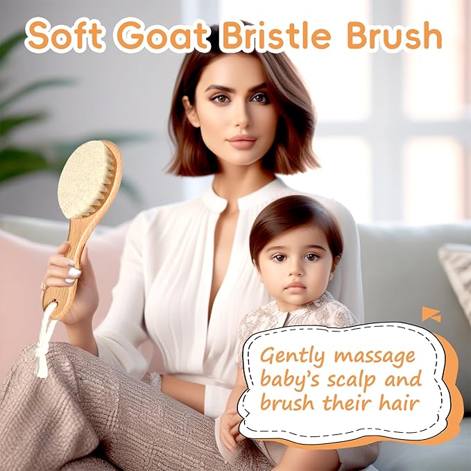 Baby Hair Brush, Wooden Goat Bristles Hair Brush with Silicone Hair Scrubber Cradle Cap Brush for Newborn, Toddler, Boys, Girls Perfect Scalp Grooming Product (Pink)