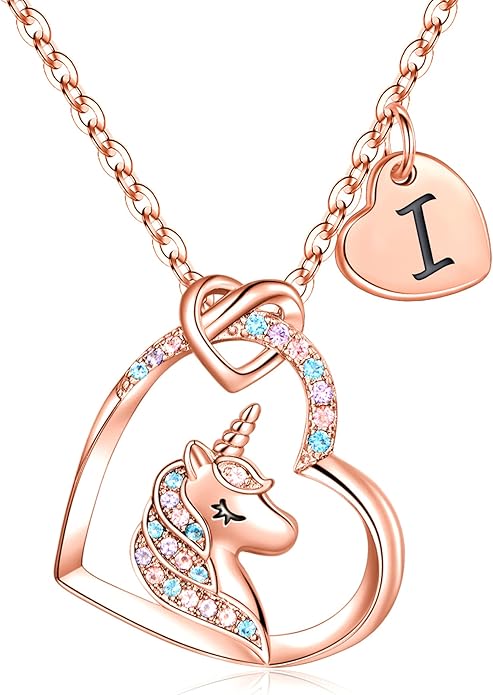 Hidepoo Valentines Gifts for Kids Girls - Unicorn Necklace Gifts for Teen Girls Kid, Colorful CZ Heart Pendant Initial Unicorn Necklaces for Girl Jewelry Birthday Gift for Girl Kid
