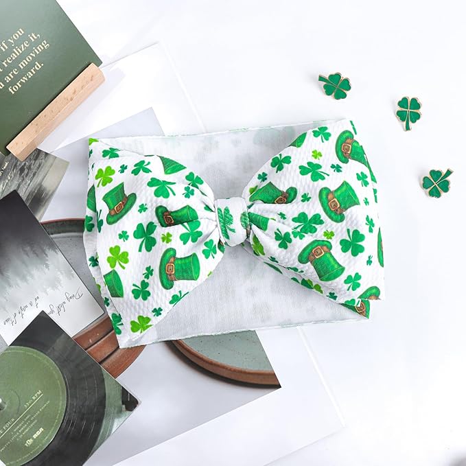 YanJie 7'' St.Patrick's Day Baby Girl Bows Clover Headband Shamrock Bow St. Patrick Top Hat Hair Bows Newborn Wide Hairbands Hair Accessories